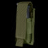 The Condor Single Pistol Mag Pouch in Olive Drab nylon features a flap cover and is partially open to show a magazine inside.