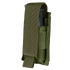 The Condor Single Pistol Mag Pouch in Olive Drab nylon features a flap cover and is partially open to show a magazine inside.