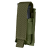 The Condor Single Pistol Mag Pouch in Olive Drab nylon features a flap cover and is partially open to show a magazine inside.
