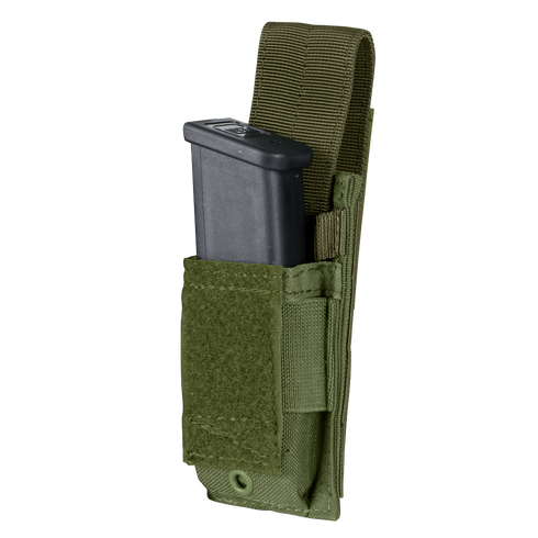 The Condor Single Pistol Mag Pouch is a green tactical pouch with Velcro flap, holds a black magazine, and features a strap for attachment.