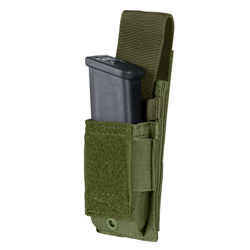 The Condor Single Pistol Mag Pouch is a green tactical pouch with Velcro flap, holds a black magazine, and features a strap for attachment.