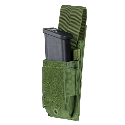 The Condor Single Pistol Mag Pouch in MultiCam Black securely holds a magazine, partially inserted and fastened by a Velcro flap, ideal for tactical use.
