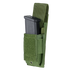 The Condor Single Pistol Mag Pouch in MultiCam Black securely holds a magazine, partially inserted and fastened by a Velcro flap, ideal for tactical use.
