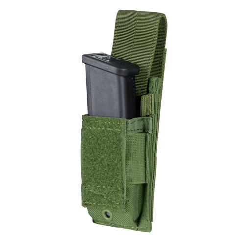 The Condor Single Pistol Mag Pouch - Scorpion OCP securely holds a black handgun magazine with a hook-and-loop flap and drainage hole, making it ideal for military or law enforcement use.