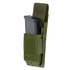 The Condor Single Pistol Mag Pouch is a green tactical pouch with Velcro flap, holds a black magazine, and features a strap for attachment.