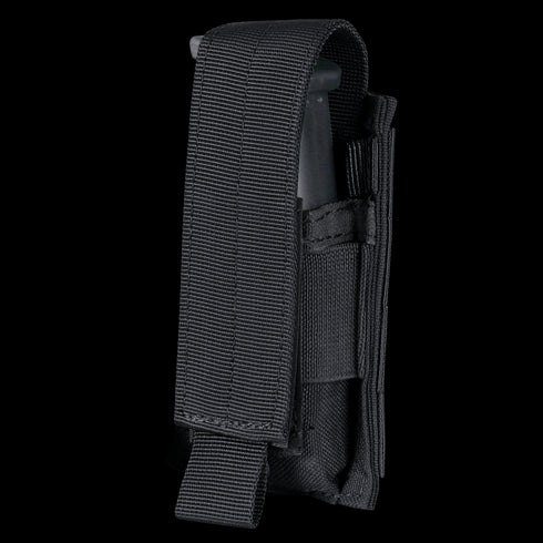 The Condor Single Pistol Mag Pouch features a black nylon build with a flap cover and Velcro closure, ideal for EDC or military use, securely holding a pistol magazine partially visible inside.