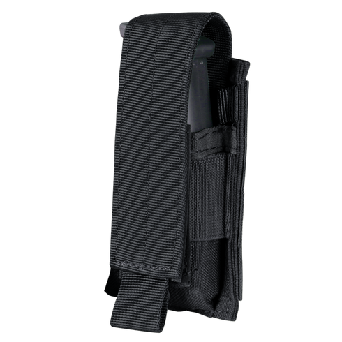 The Condor Single Pistol Mag Pouch features a black nylon build with a flap cover and Velcro closure, ideal for EDC or military use, securely holding a pistol magazine partially visible inside.
