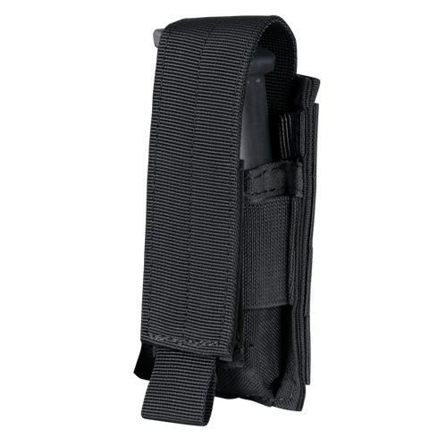 The Condor Single Pistol Mag Pouch features a black nylon build with a flap cover and Velcro closure, ideal for EDC or military use, securely holding a pistol magazine partially visible inside.