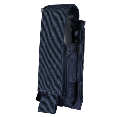 The Condor Single Pistol Mag Pouch, made of black nylon with a flap cover, securely holds a magazine or tool for EDC or military use.