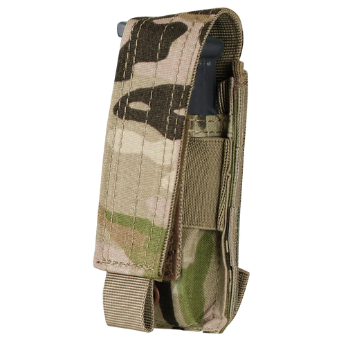 The Condor Single Pistol Mag Pouch in MultiCam features a camouflage design, fabric flap closure, and holds one pistol magazine, partially inserted.