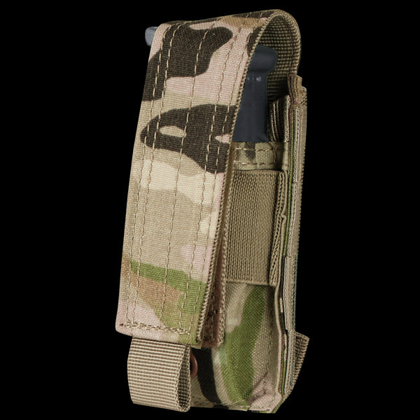 The Condor Single Pistol Mag Pouch in MultiCam features a camouflage design, fabric flap closure, and holds one pistol magazine, partially inserted.