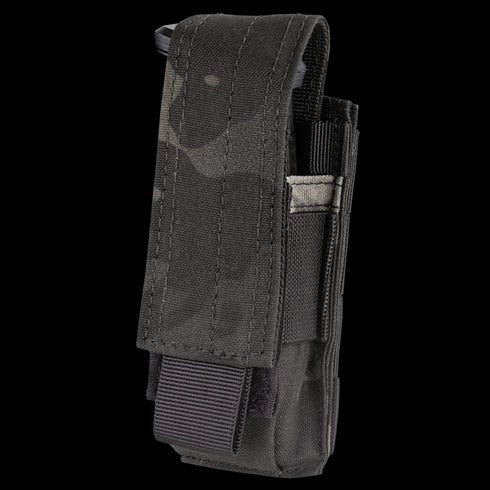 The Condor Single Pistol Mag Pouch in MultiCam Black is a durable nylon pouch with reinforced stitching and a flap cover, designed for securely carrying a pistol magazine or small gear.