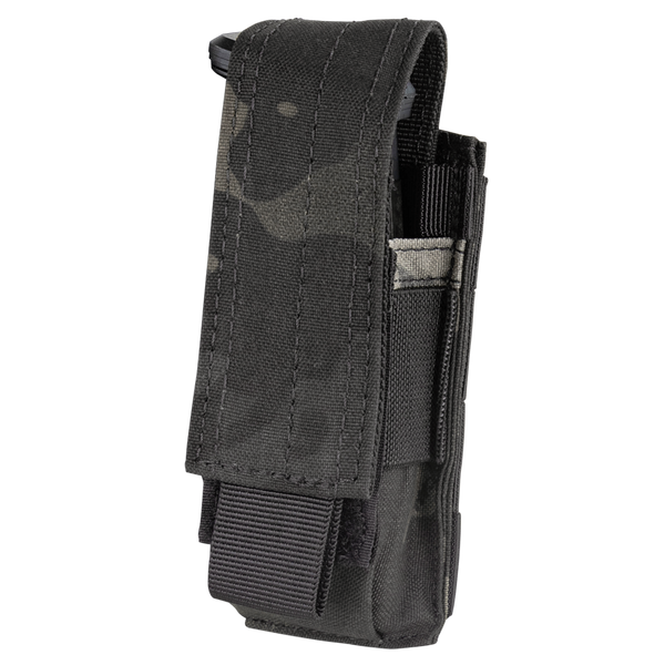 The Condor Single Pistol Mag Pouch in MultiCam Black is a durable nylon pouch with reinforced stitching and a flap cover, designed for securely carrying a pistol magazine or small gear.