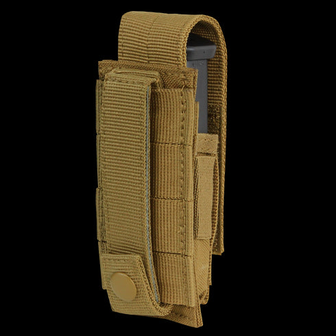 The Condor Single Pistol Mag Pouch in MultiCam is a tactical pouch with a snap-button strap and flap cover, designed to securely hold a single pistol magazine.