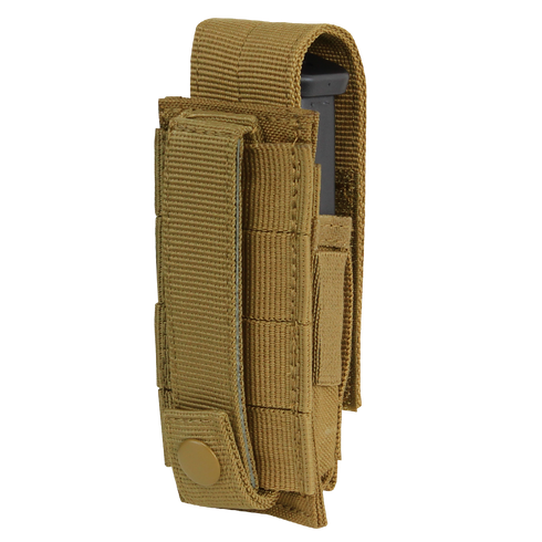 The Condor Single Pistol Mag Pouch in Scorpion OCP, made of durable nylon with a snap closure, holds a pistol magazine and is shown standing upright on a white background.