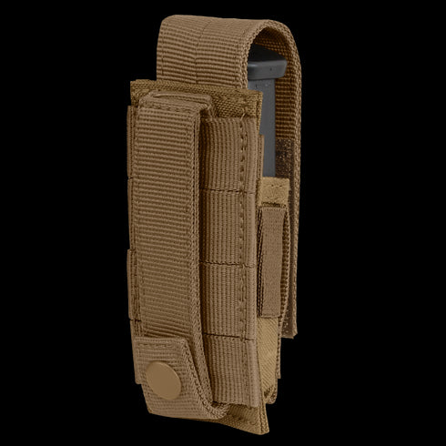 The Condor Single Pistol Mag Pouch is a tan tactical nylon case with a snap-button flap, perfect for law enforcement or range use, designed to hold one pistol magazine securely.
