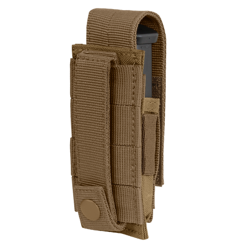 The Condor Single Pistol Mag Pouch is a tan tactical nylon case with a snap-button flap, perfect for law enforcement or range use, designed to hold one pistol magazine securely.
