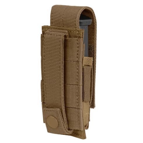 The Condor Single Pistol Mag Pouch is a tan tactical nylon case with a snap-button flap, perfect for law enforcement or range use, designed to hold one pistol magazine securely.