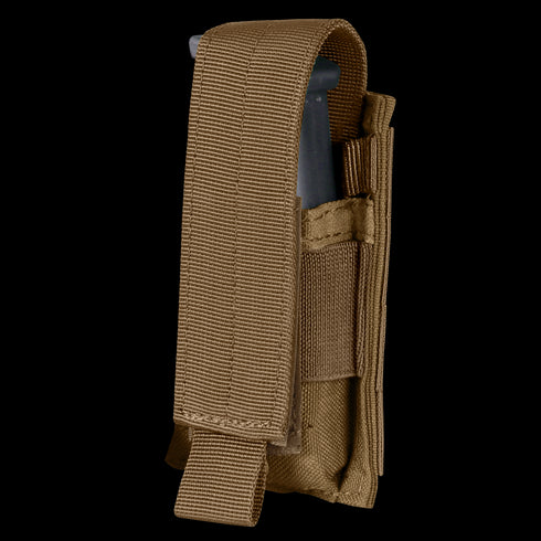 The Condor Single Pistol Mag Pouch is a brown tactical nylon pouch with a flap cover, perfect for military or EDC use. It securely holds one dark magazine and is displayed against a white background.