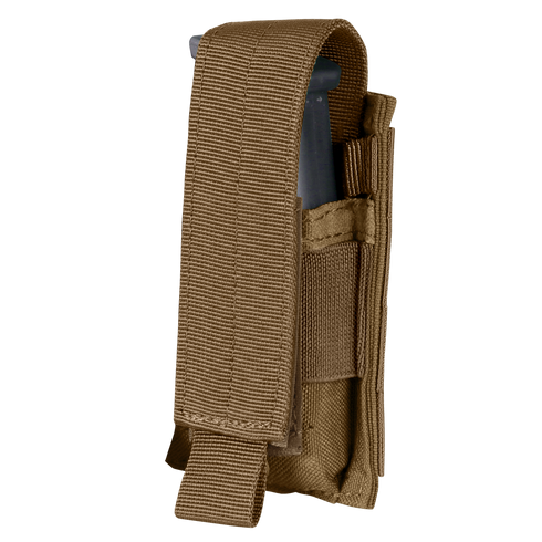 The Condor Single Pistol Mag Pouch is a brown tactical nylon pouch with a flap cover, perfect for military or EDC use. It securely holds one dark magazine and is displayed against a white background.