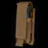 The Condor Single Pistol Mag Pouch is a brown tactical nylon pouch with a flap cover, perfect for military or EDC use. It securely holds one dark magazine and is displayed against a white background.