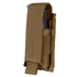 The Condor Single Pistol Mag Pouch is a brown tactical nylon pouch with a flap cover, perfect for military or EDC use. It securely holds one dark magazine and is displayed against a white background.