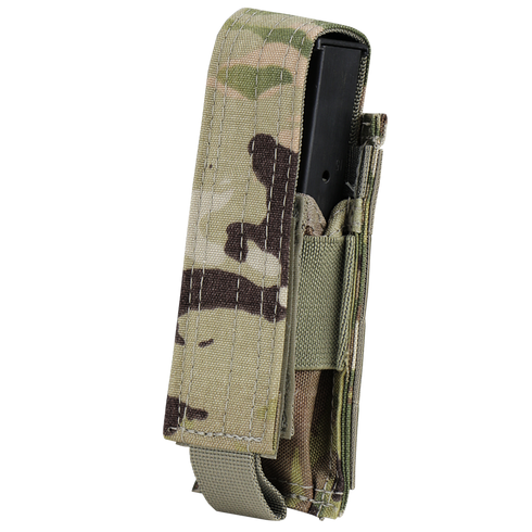 The Condor Single Pistol Mag Pouch in Scorpion OCP securely holds a black rectangular magazine with a Velcro flap closure.