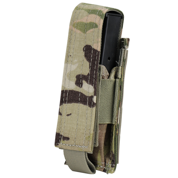 The Condor Single Pistol Mag Pouch in Scorpion OCP securely holds a black rectangular magazine with a Velcro flap closure.