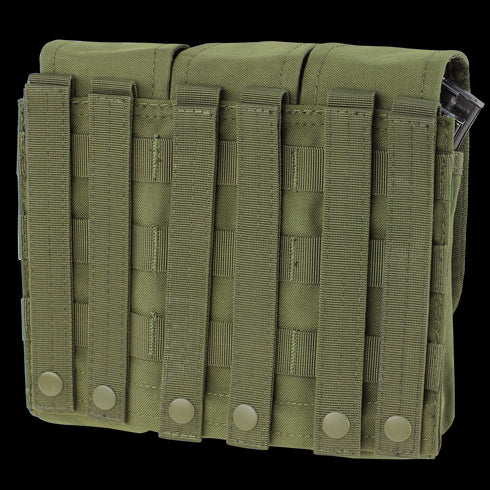 The Condor Triple AK/AR Mag Pouch - Scorpion OCP features MOLLE webbing and snap closure straps for secure attachment to gear or backpacks, ideal for first responders or law enforcement.