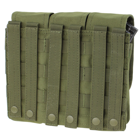 The Condor Triple AK/AR Mag Pouch - Scorpion OCP features MOLLE webbing and snap closure straps for secure attachment to gear or backpacks, ideal for first responders or law enforcement.