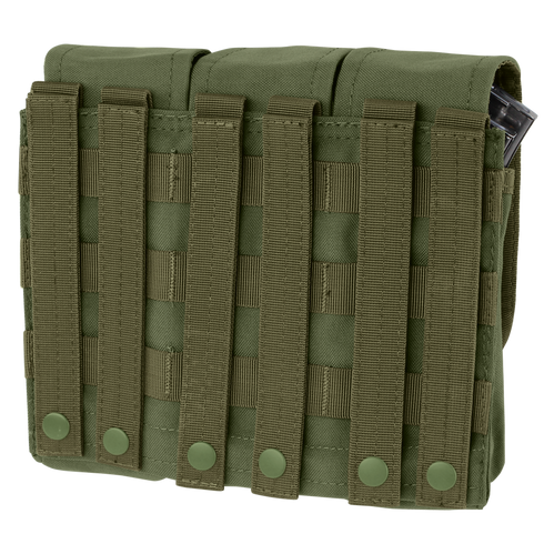 The Condor Triple AK/AR Mag Pouch is a green tactical pouch with MOLLE webbing and snap closures, designed to securely hold gear or magazines.