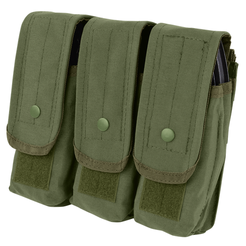 The Condor Triple AK/AR Mag Pouch in Olive Drab features three compartments, each secured with a flap and snap button closure.