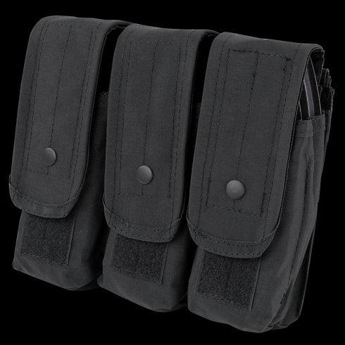 The Condor Triple AK/AR Mag Pouch is a black organizer with three flap-secured compartments, each featuring snap and hook-and-loop closures—perfect for EDC or keeping magazines sorted at the range.
