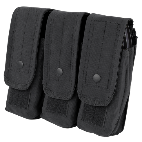 The Condor Triple AK/AR Mag Pouch is a black organizer with three flap-secured compartments, each featuring snap and hook-and-loop closures—perfect for EDC or keeping magazines sorted at the range.