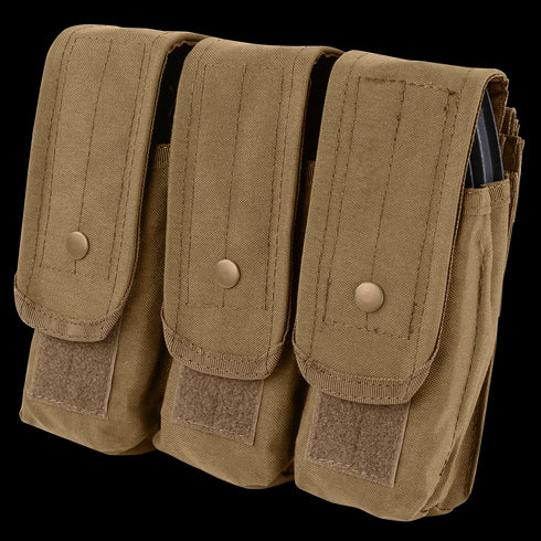 The Condor Triple AK/AR Mag Pouch is a tan pouch featuring three compartments, each secured by flap with snap button and Velcro closure—perfect for military or law enforcement use.