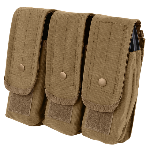 The Condor Triple AK/AR Mag Pouch is a tan pouch featuring three compartments, each secured by flap with snap button and Velcro closure—perfect for military or law enforcement use.