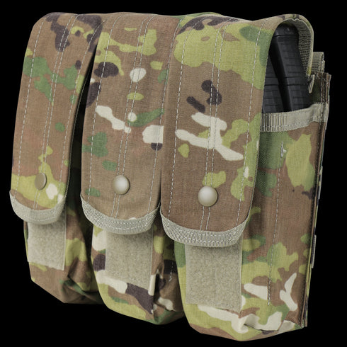 The Condor Triple AK/AR Mag Pouch in Scorpion OCP securely holds three rifle magazines with flap covers, snap closures, and Velcro—perfect for military or law enforcement tactical use.