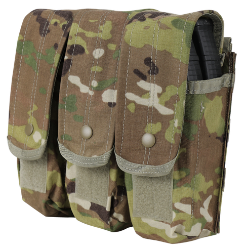 The Condor Triple AK/AR Mag Pouch in Scorpion OCP securely holds three rifle magazines with flap covers, snap closures, and Velcro—perfect for military or law enforcement tactical use.