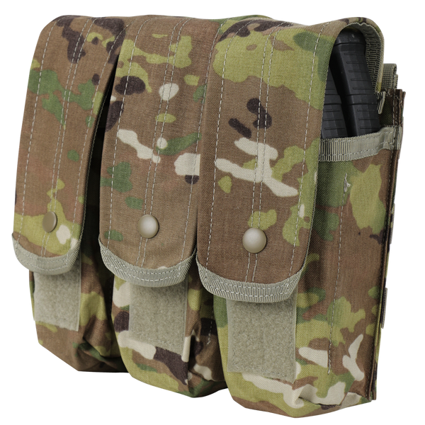 Three Scorpion OCP camouflage Condor Triple AK/AR Mag Pouches attached together, with one pouch partially open to reveal a black magazine inside.