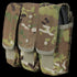 Three Scorpion OCP camouflage Condor Triple AK/AR Mag Pouches attached together, with one pouch partially open to reveal a black magazine inside.