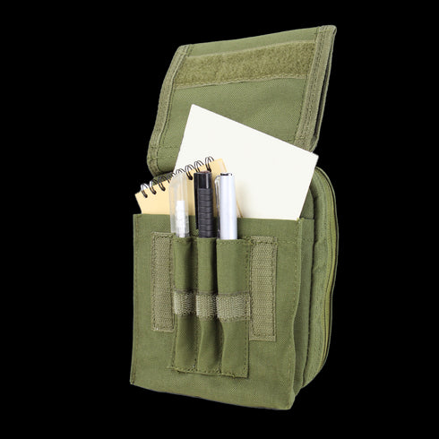 The Condor Map Pouch - MultiCam is a canvas pouch with an open flap, featuring front pockets that hold two notebooks, three pens, and a white card.