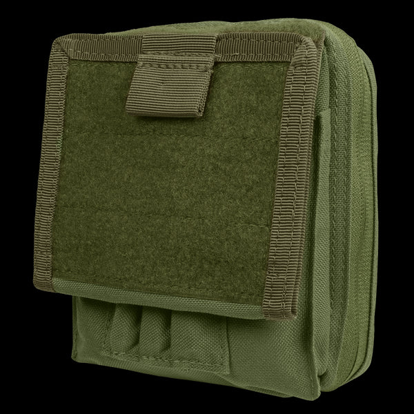 The Condor Map Pouch in Olive Drab is a tactical pouch with a Velcro-secured front flap, reinforced edges, and small exterior pockets.