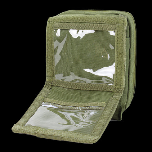 The Condor Map Pouch - Scorpion OCP is a military and first responder favorite, featuring an olive green fabric, a transparent flap window, and a partially open design revealing the interior compartment.