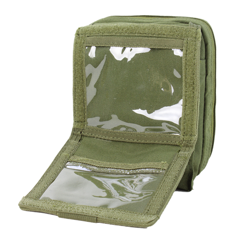A Condor Map Pouch in MultiCam fabric, featuring a transparent plastic window flap, is empty, open, and facing forward.