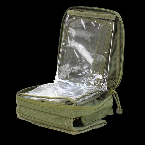 The Condor Map Pouch - Scorpion OCP is an olive green zippered pouch with transparent compartments, designed for First Responder or Military use, shown open on a white background.