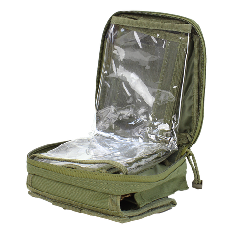 The Condor Map Pouch - MultiCam is an upright zippered pouch in olive green, featuring clear plastic compartments inside and displayed on a white background.