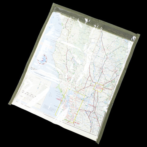 The Condor Map Pouch features a folded map in a clear protective cover, displaying roads, cities, and geographical features.