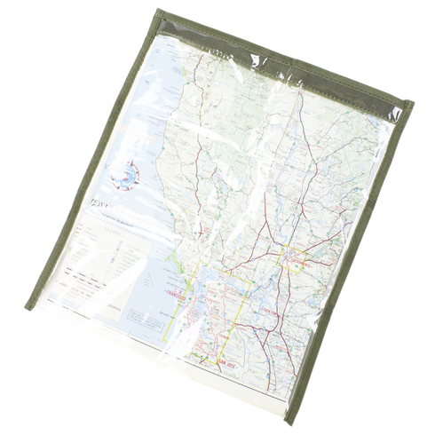 The Condor Map Pouch features a folded map in a clear protective cover, displaying roads, cities, and geographical features.