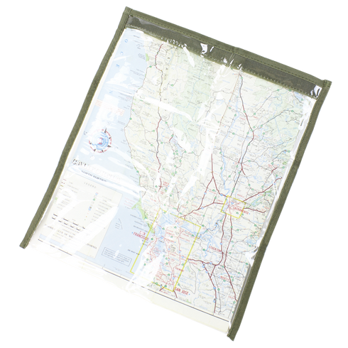 The Condor Map Pouch features a folded map in a clear protective cover, displaying roads, cities, and geographical features.