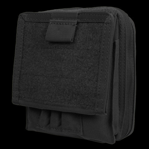 The Condor Map Pouch is a black tactical pouch with a Velcro front flap, stitched edges, and zippered compartments—ideal for EDC or carrying small accessories to the shooting range.